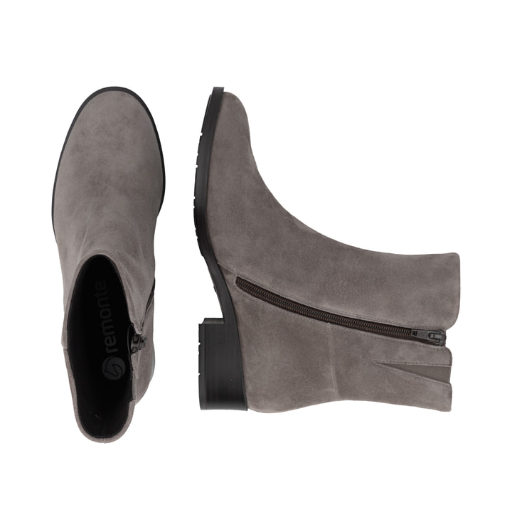 Graue remonte Damen Stiefeletten D3U73-42 mit einem Reißverschluss. Schuh von oben, liegend.