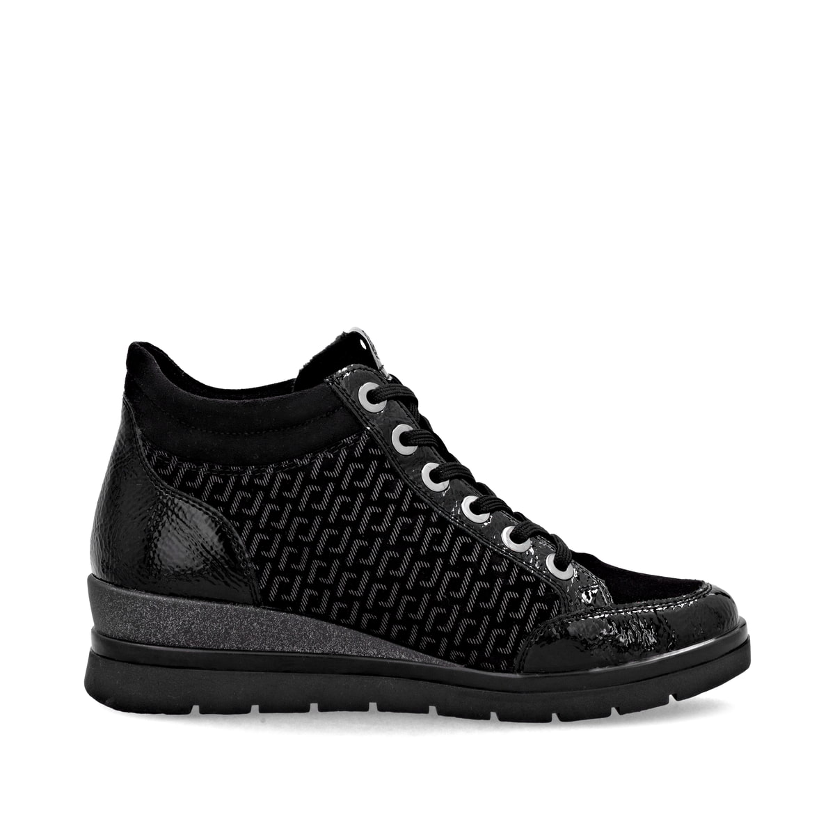 Schwarze remonte Damen Schnürstiefel R0773-05 mit einem Reißverschluss. Schuh Innenseite.