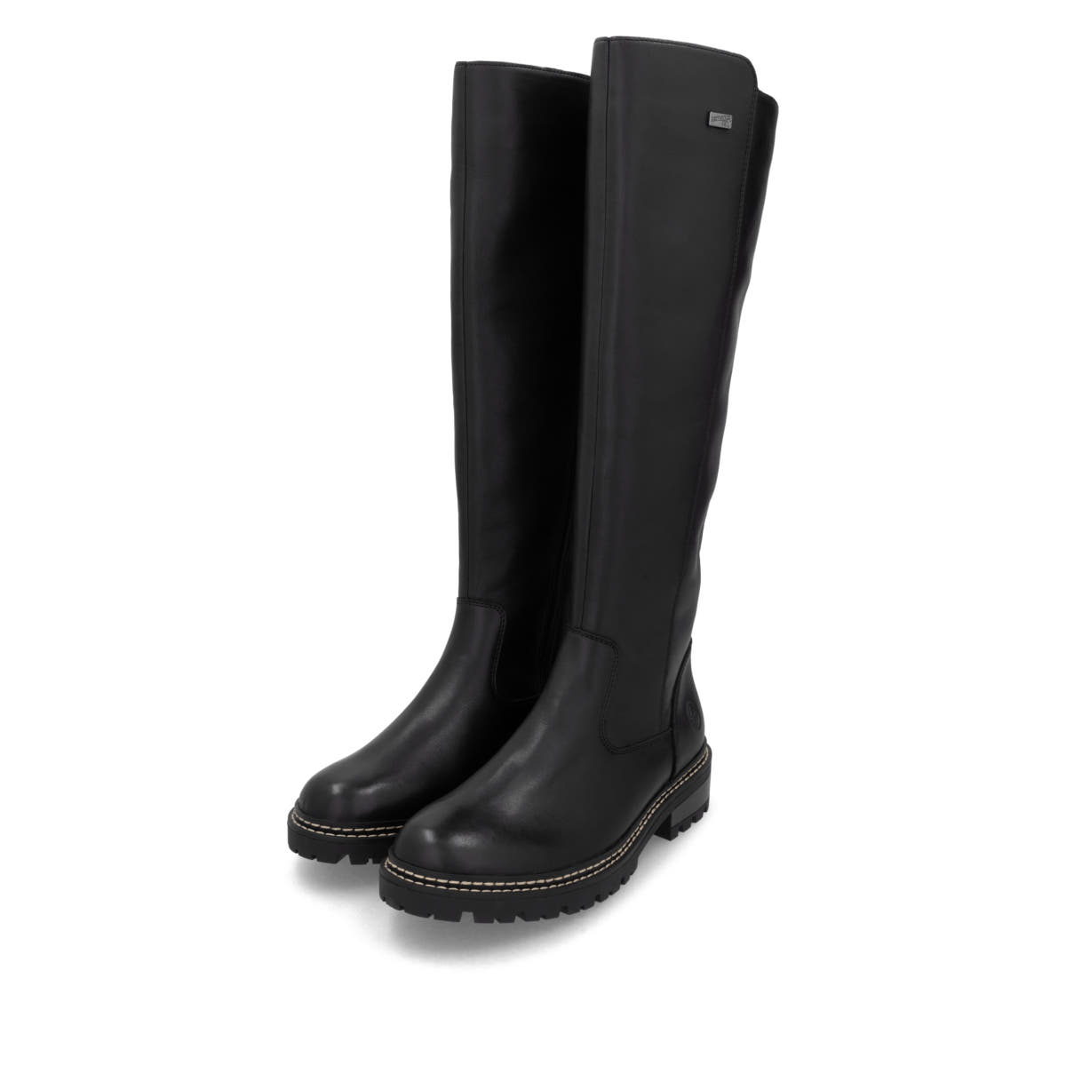 Schwarze remonte Hochschaftstiefel D0B72-01 mit wasserabweisender TEX-Membran. Schuhpaar seitlich schräg.
