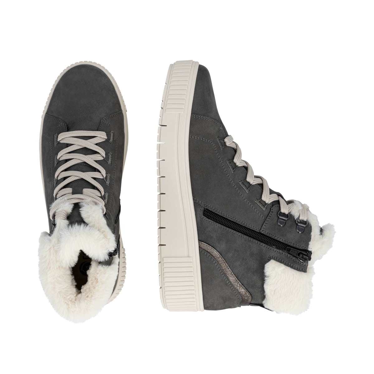 Graue remonte Damen Kurzstiefel D3B72-45 mit wasserabweisender TEX-Membran. Schuh von oben, liegend.