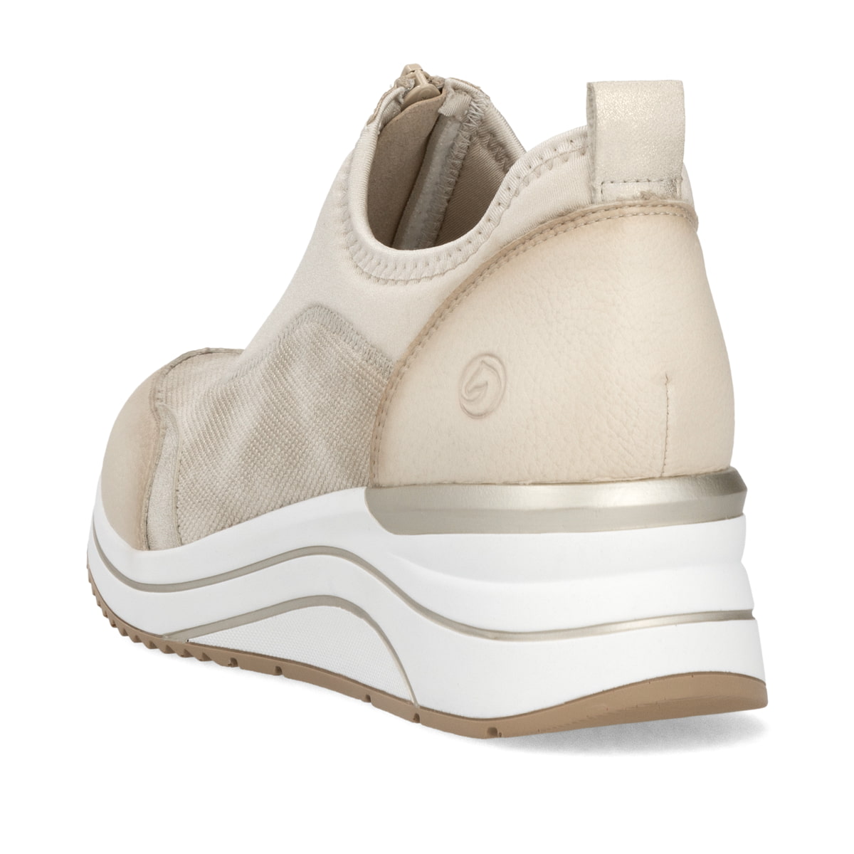 Beige vegane remonte Damen Slipper D0T08-61 mit einem Reißverschluss. Schuh von hinten.
