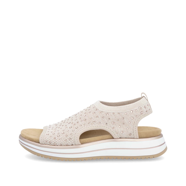 Rosane remonte Riemchensandalen D1J55-31 mit Gummizug sowie weicher Einlegesohle. Schuh Außenseite.