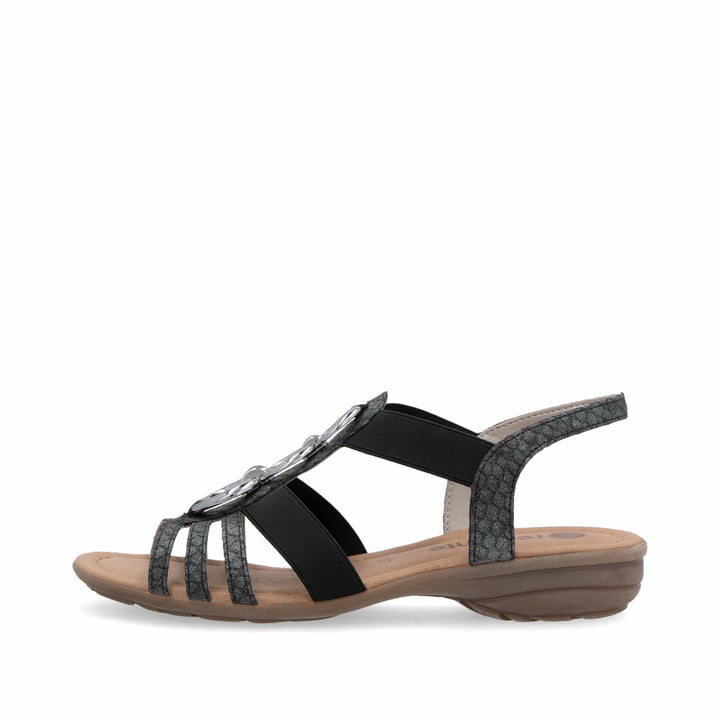 Graue remonte Riemchensandalen R3605-45 mit einem Gummizug sowie griffiger Sohle. Schuh Außenseite.