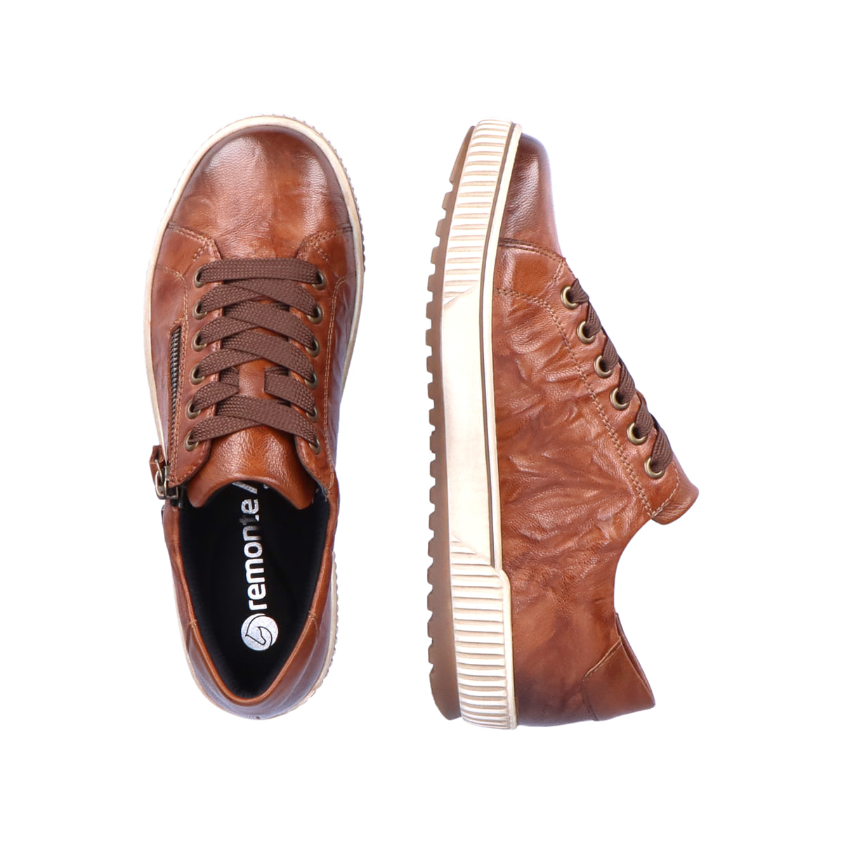 Braune remonte Damen Schnürschuhe D0700-22 mit wasserabweisender TEX-Membran. Schuh von oben, liegend.