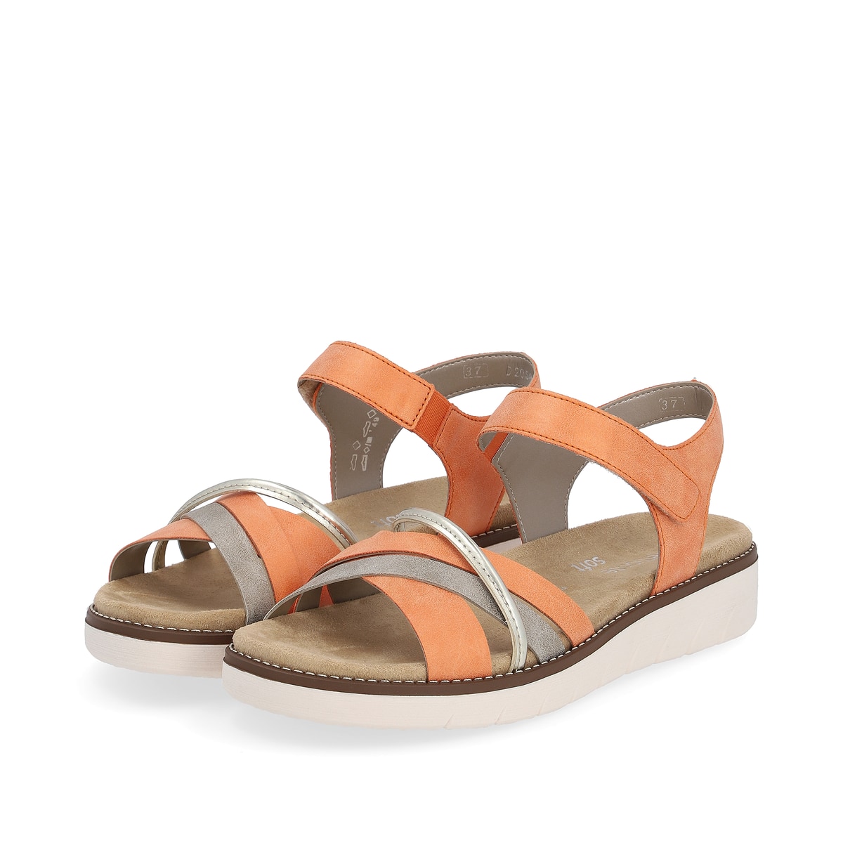 Orangene vegane remonte Damen Riemchensandalen D2058-38 mit Klettverschluss. Schuhpaar seitlich schräg.