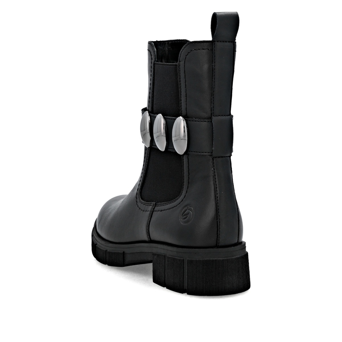 Schwarze remonte Chelsea Boots D2S71-00 mit Reißverschluss sowie Komfortweite G. Schuh von hinten.