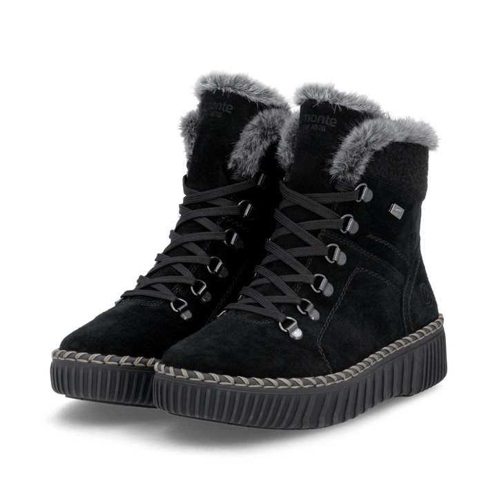 Schwarze remonte Damen Schnürstiefel D4A70-03 mit wasserabweisender TEX-Membran. Schuhpaar seitlich schräg.