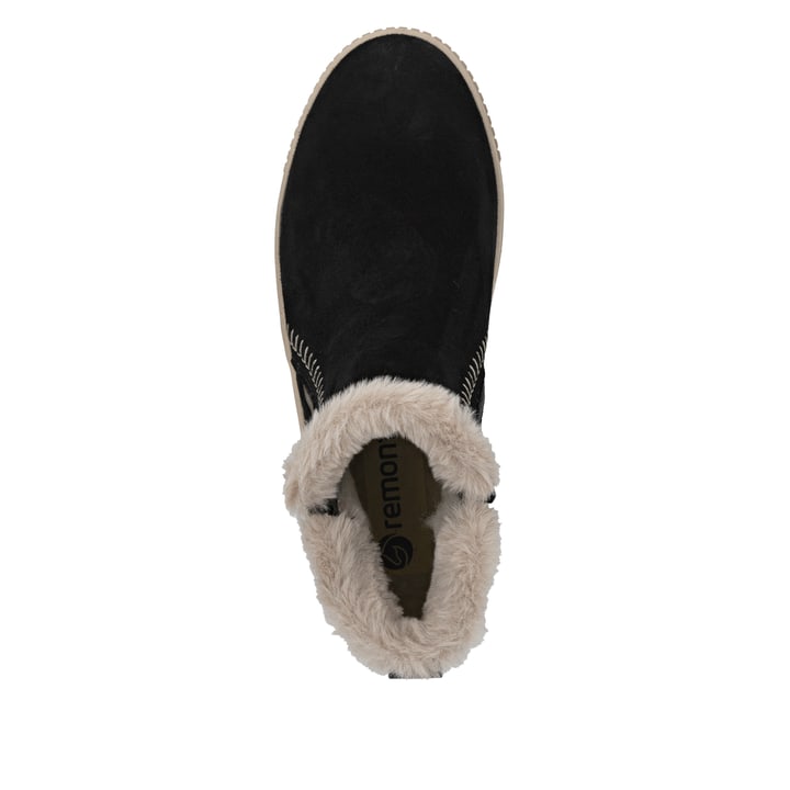 Schwarzbeige remonte Damen Kurzstiefel D3B70-03 mit weißer Zickzack-Naht. Schuh von oben.