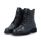 Dunkelblaue remonte Damen Schnürstiefel D3S72-14 mit einem Reißverschluss. Schuhpaar seitlich schräg.