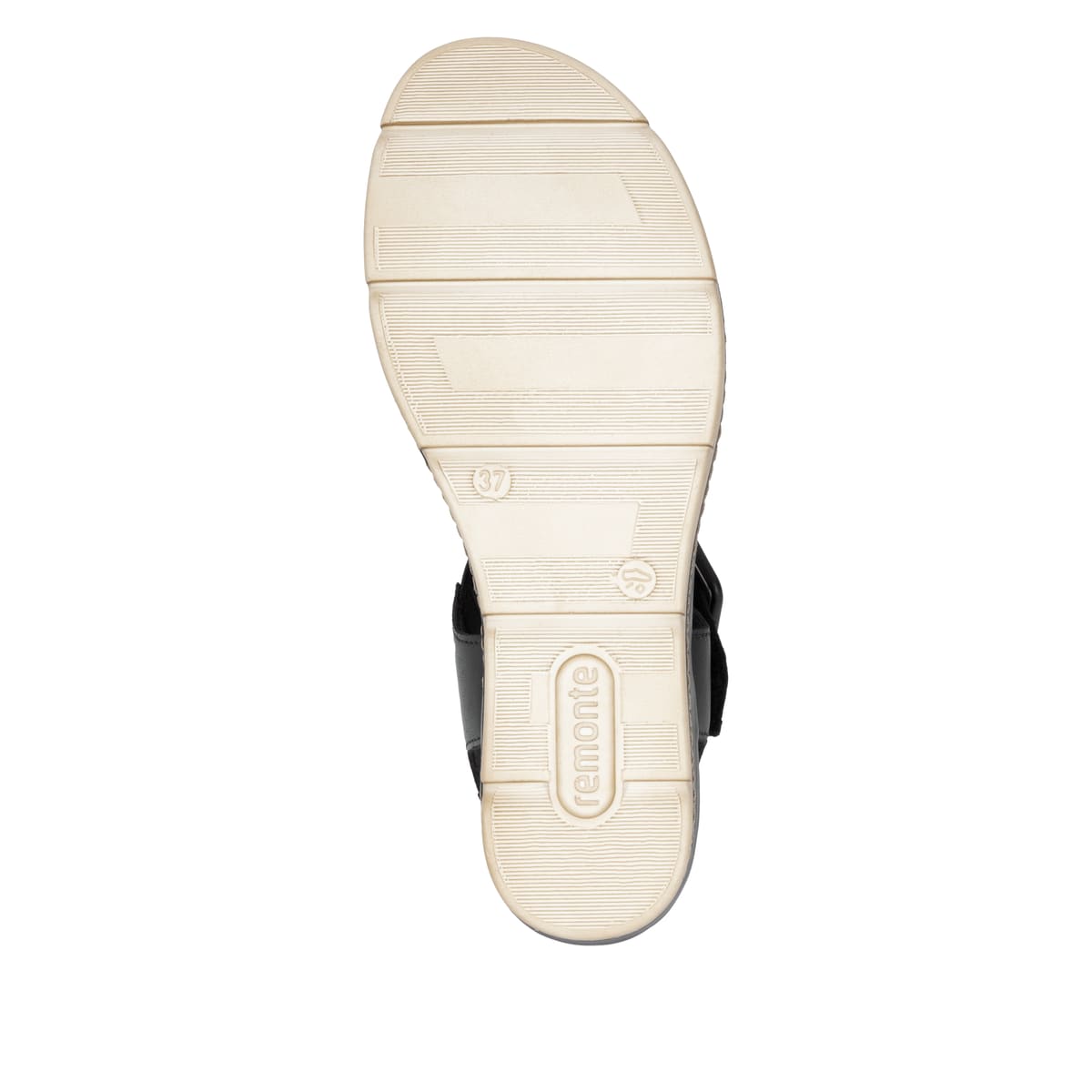 Schwarze remonte Keilsandaletten D2L55-03 mit einem Klettverschluss. Schuh Laufsohle.