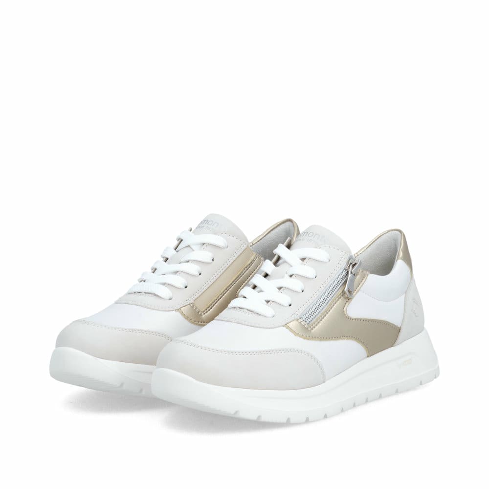 Weißgraue vegane remonte Damen Schnürschuhe D2V02-80 mit einem Reißverschluss. Schuhpaar seitlich schräg.