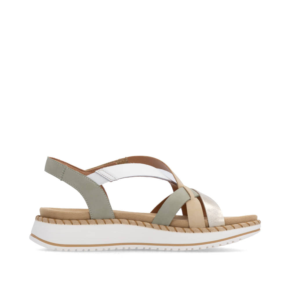 Grünbeige remonte Riemchensandalen D3J53-52 mit einem Klettverschluss. Schuh Innenseite.