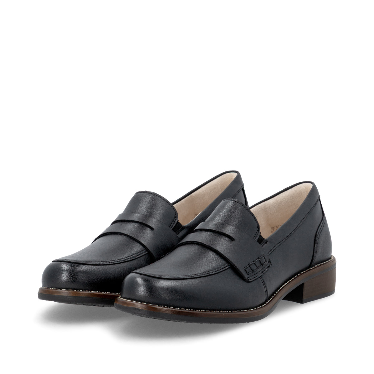 Schwarze remonte Damen Loafer D0F05-00 mit einem Gummizug. Schuhpaar seitlich schräg.