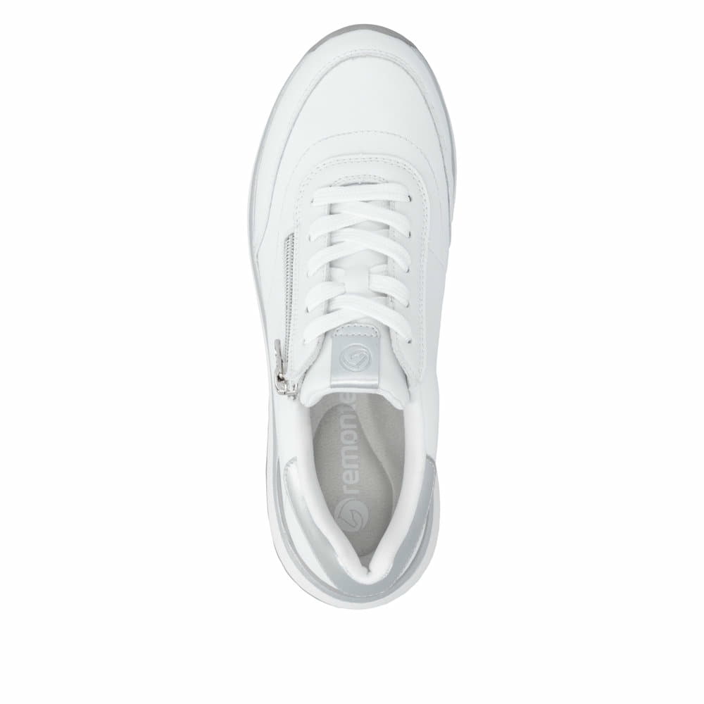 Weiße remonte Damen Sneaker Low D3F00-80 mit Reißverschluss sowie Extraweite H. Schuh von oben.