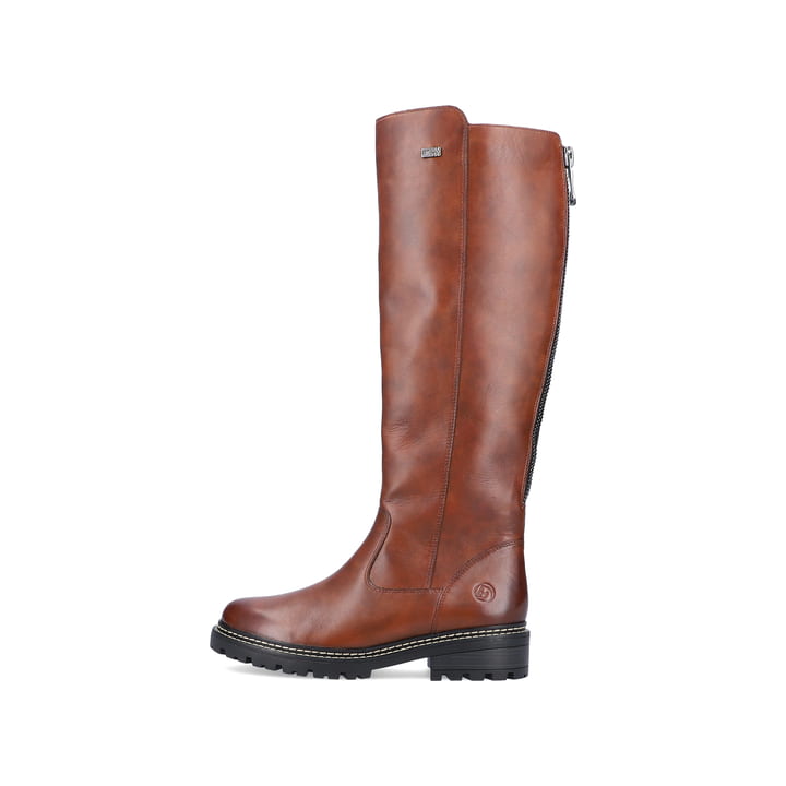 
Karamellbraune remonte Damen Hochschaftstiefel D0B72-22 mit einer Profilsohle. Schuh Außenseite