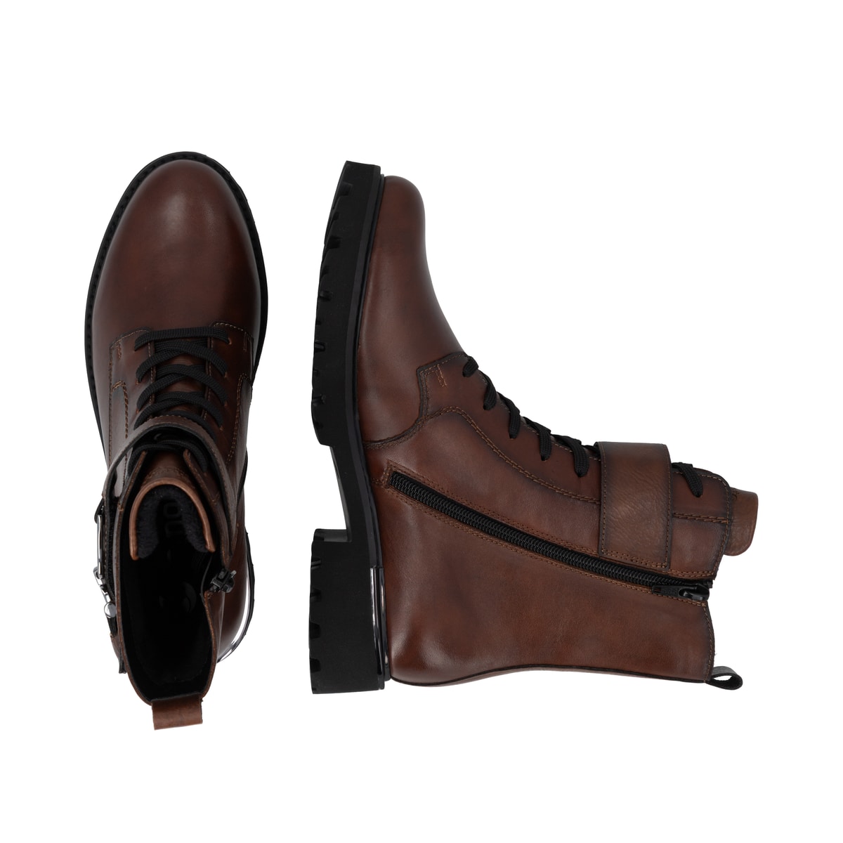 Braune remonte Damen Schnürstiefel D8657-22 mit Deko-Schnalle. Schuh von oben, liegend.