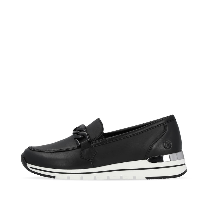 Schwarze remonte Damen Loafer R6711-00 mit einem Gummizug sowie Komfortweite G. Schuh Außenseite.