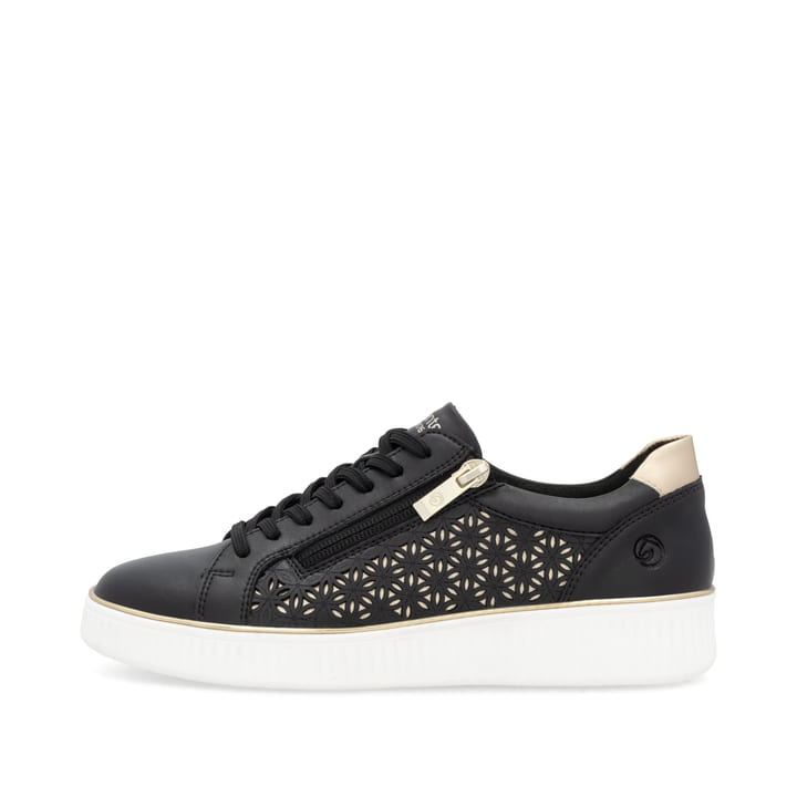 Schwarze remonte Damen Sneaker Low D2E03-03 mit einem Reißverschluss. Schuh Außenseite.