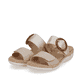 Beige remonte Damen Pantoletten R6858-60 mit einem Klettverschluss. Schuhpaar seitlich schräg.