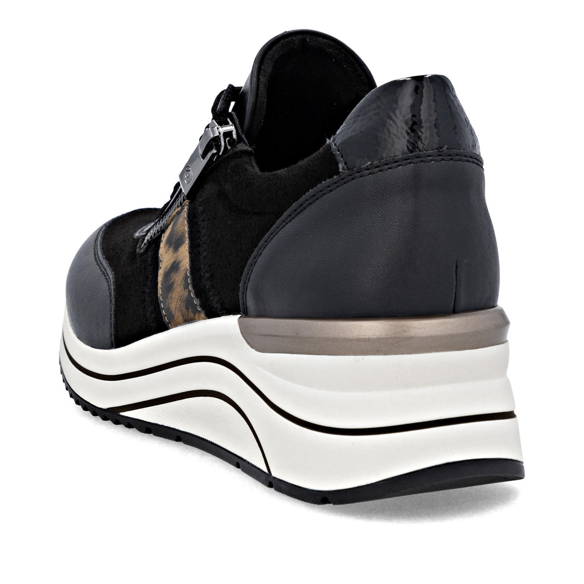 Baskets basses remonte noires pour femme D0T09-04 avec imprimé léopard. Chaussure vue de dessus.