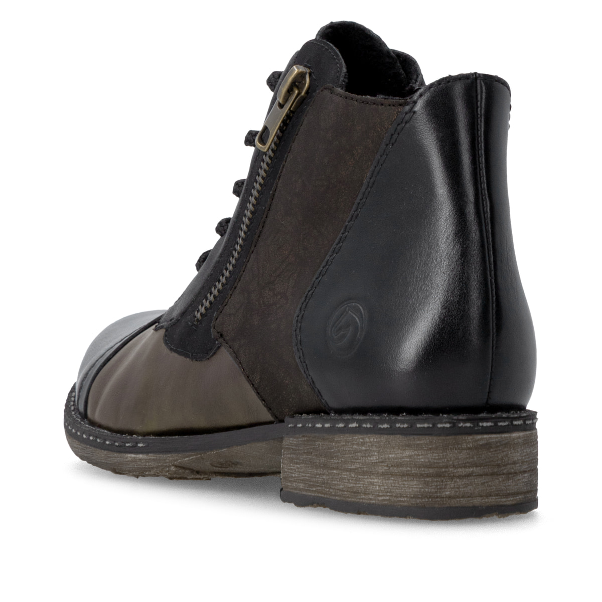 Bronze-dunkelbraune remonte Damen Schnürstiefel D4378-91 mit auffälligem Muster. Schuh von hinten.