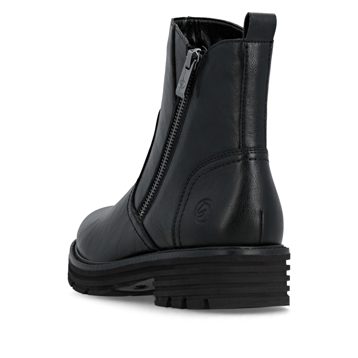 Schwarze remonte Damen Stiefeletten D3A70-00 mit einem Reißverschluss. Schuh von hinten.
