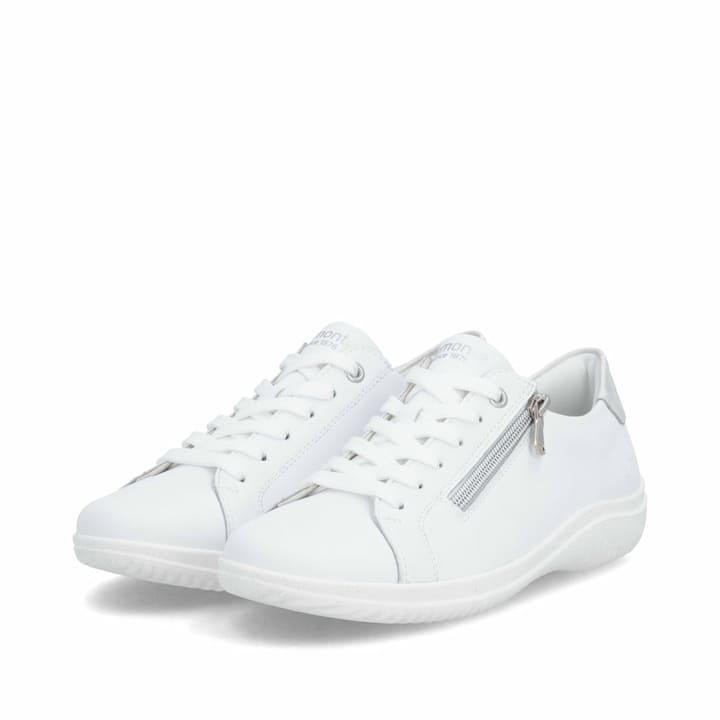 Weiße remonte Damen Schnürschuhe D1E03-81 mit einem Reißverschluss. Schuhpaar seitlich schräg.