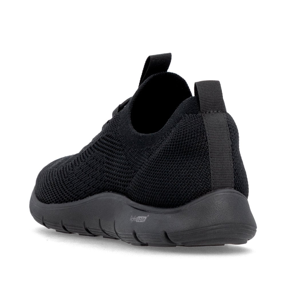 Mocassins remonte noirs pour femme D3G00-00 avec bande élastique. Chaussure vue de l'arrière.