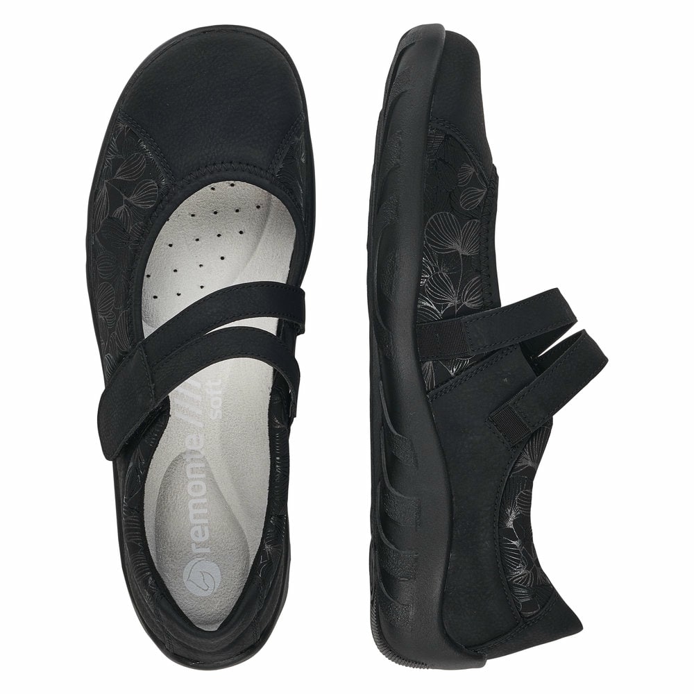 Schwarze remonte Ballerinas R3510-03 mit Klettverschluss sowie Komfortweite G. Schuh von oben, liegend.