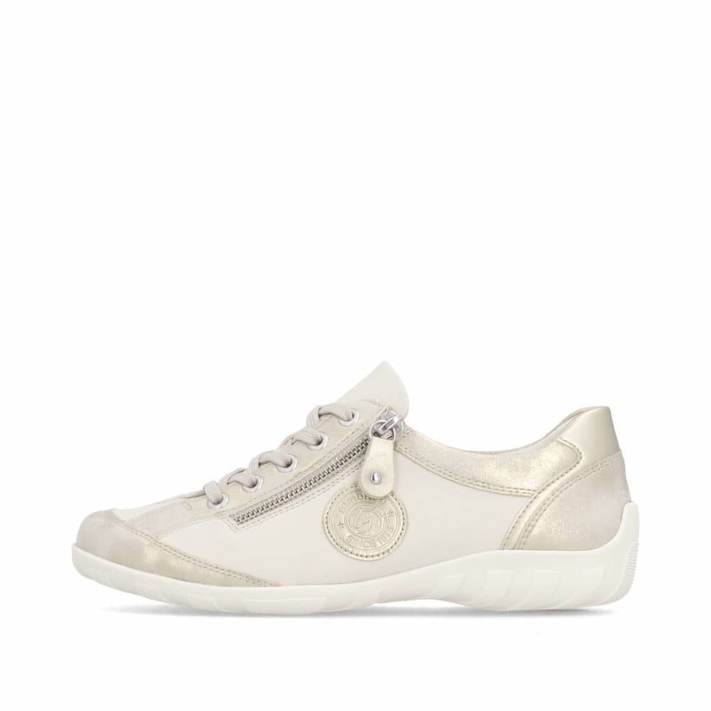 Beige vegane remonte Damen Schnürschuhe R3408-61 mit einem Reißverschluss. Schuh Außenseite.