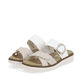 Weiße vegane remonte Damen Pantoletten D2048-90 mit einem Klettverschluss. Schuhpaar seitlich schräg.