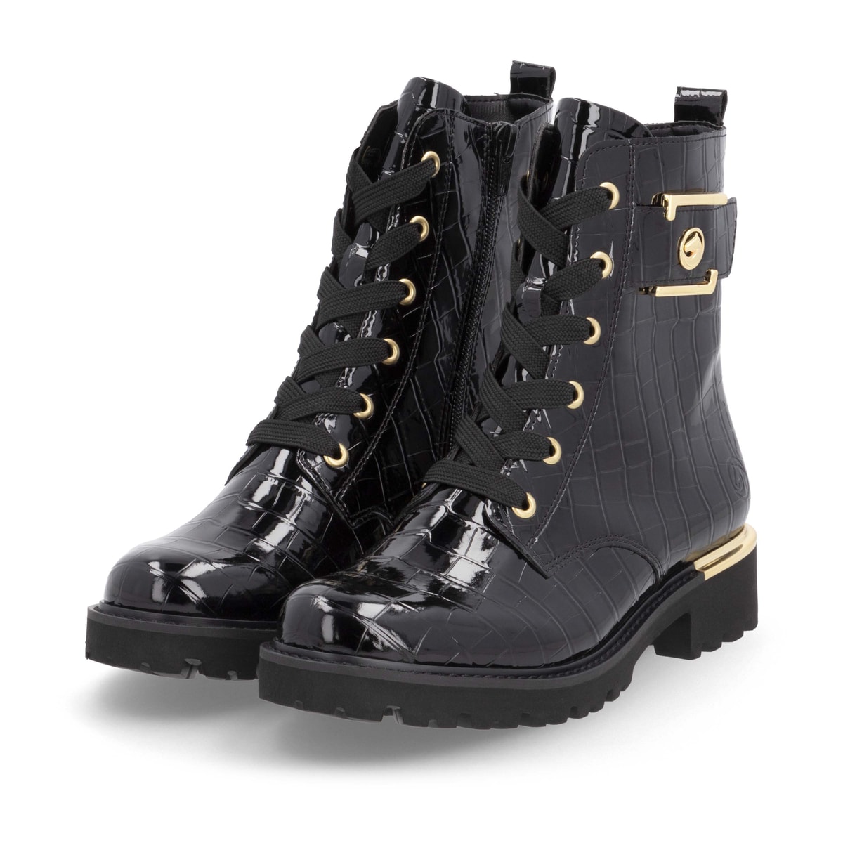 Vegane, schwarze remonte Damen Schnürstiefel D8683-00 mit goldenen Details. Schuhpaar seitlich schräg.