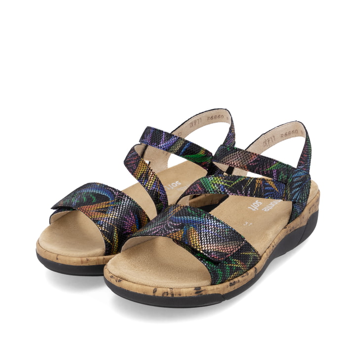 Mehrfarbige remonte Riemchensandalen R6860-91 mit einem Klettverschluss. Schuhpaar seitlich schräg.