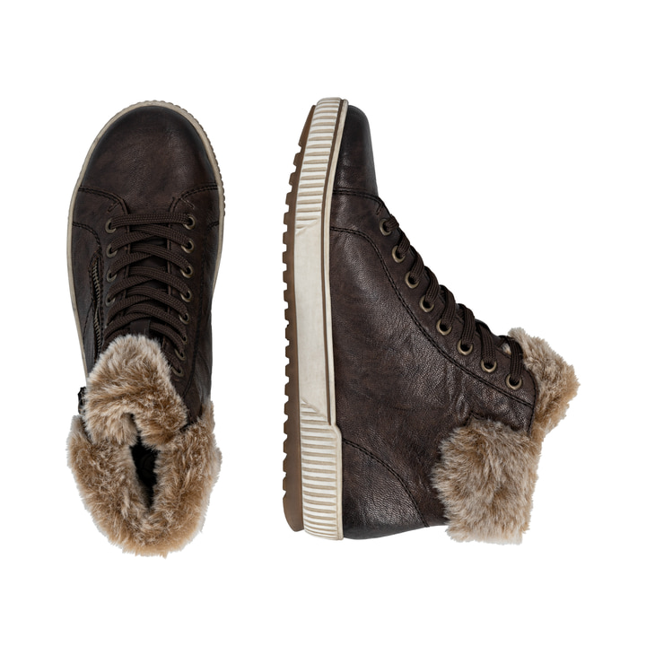 Braune remonte Damen Schnürstiefel D0780-25 mit wasserabweisender TEX-Membran. Schuh von oben, liegend.