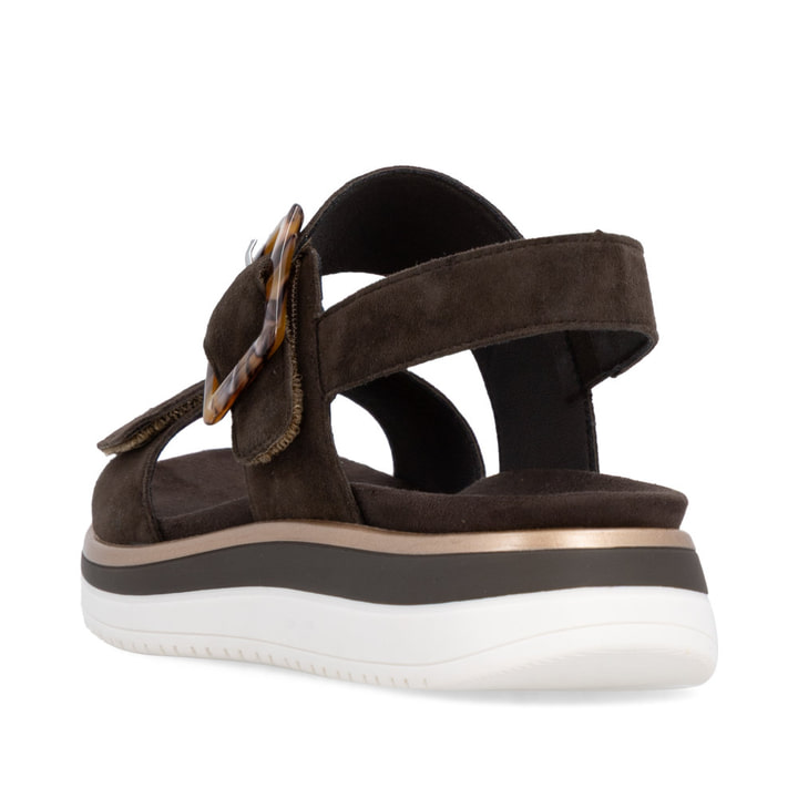 Dunkelbraune remonte Riemchensandalen D1J62-25 mit trendiger Schnalle. Schuh von hinten.