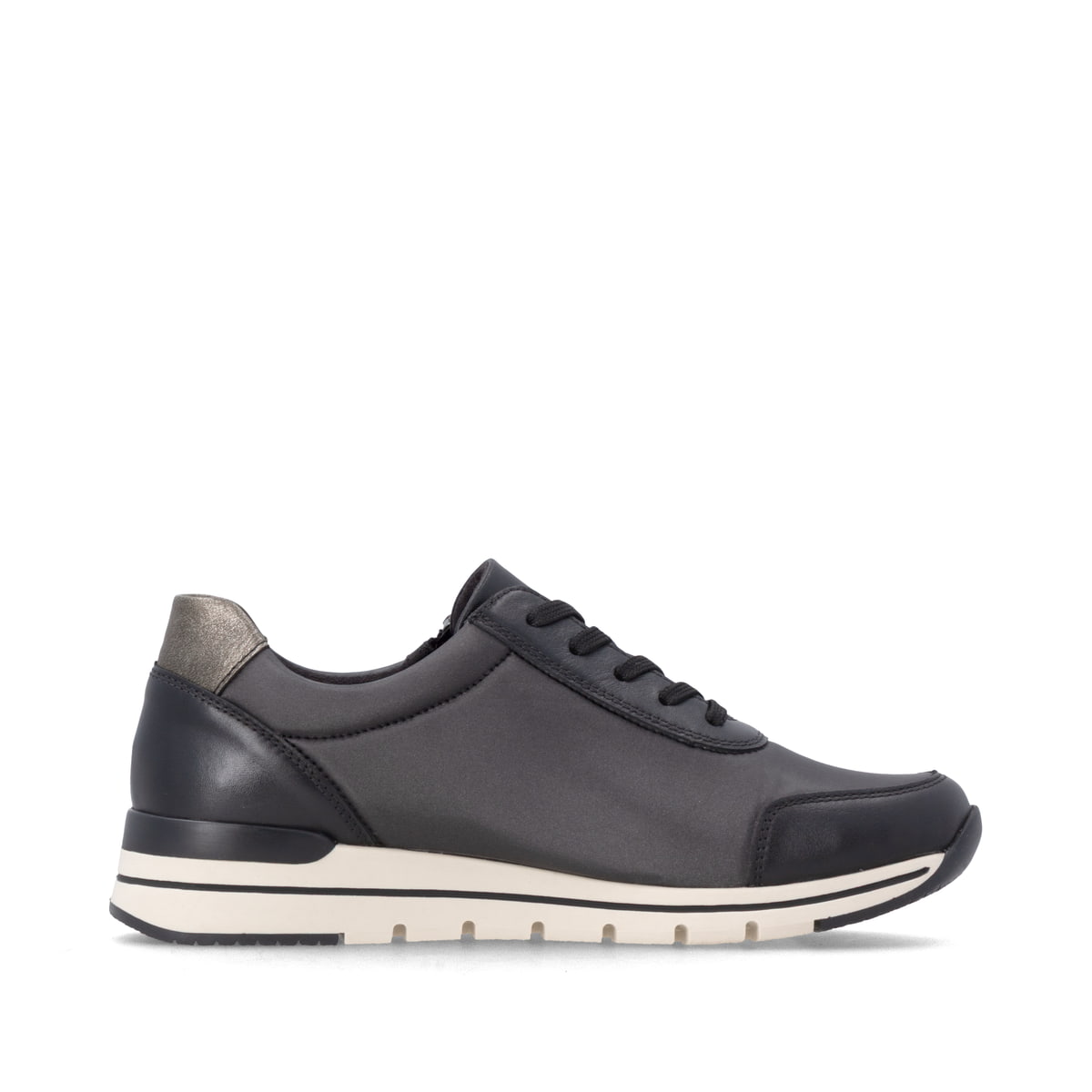 Baskets basses remonte noires pour femmes R6700-04 avec fermeture éclair. Côté intérieur de la chaussure.