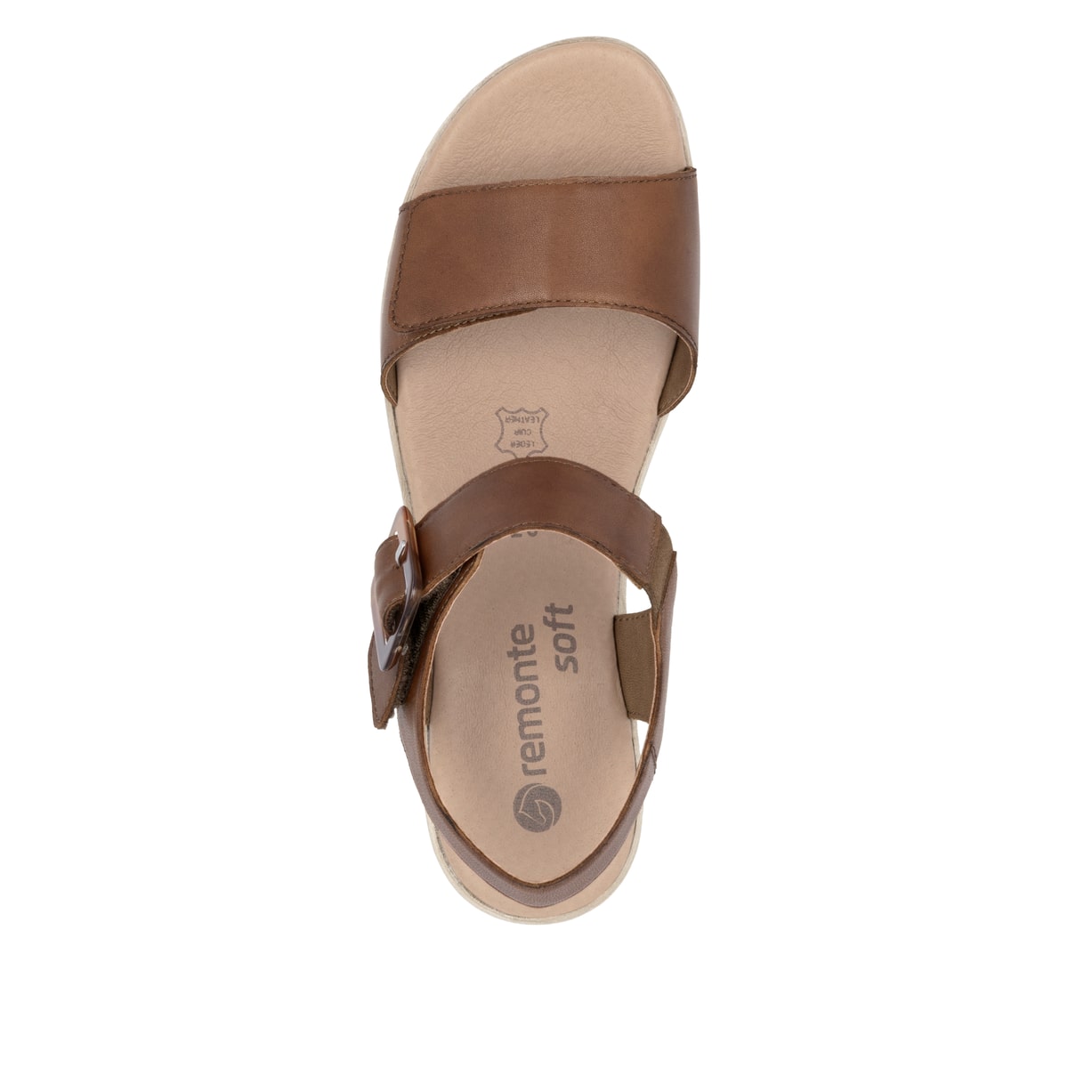 Braune remonte Riemchensandaletten D0N52-25 mit einem Klettverschluss. Schuh von oben.