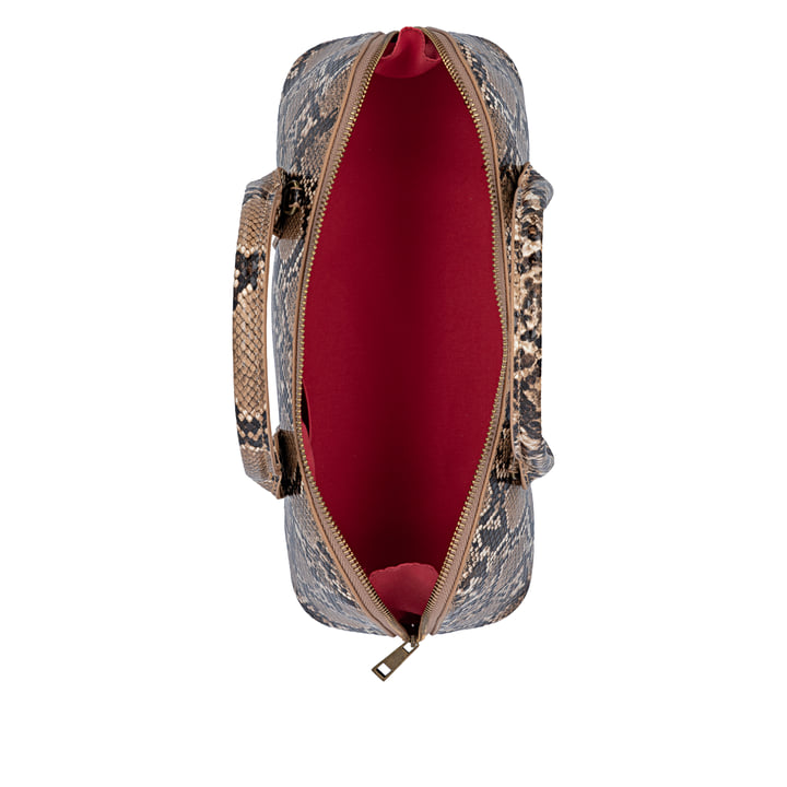 Sac à main remonte Q0673-25 avec motif serpent avec poignée de transport, bandoulière et poche intérieure.  Ouvert.