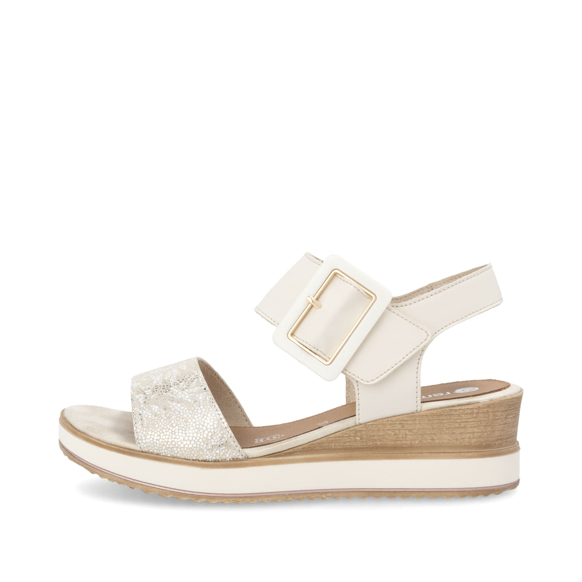 Beige remonte Keilsandaletten D6453-61 mit einem Klettverschluss. Schuh Außenseite.