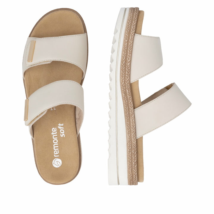 Beige remonte Damen Pantoletten D0Q64-60 mit einem Klettverschluss. Schuh von oben, liegend.
