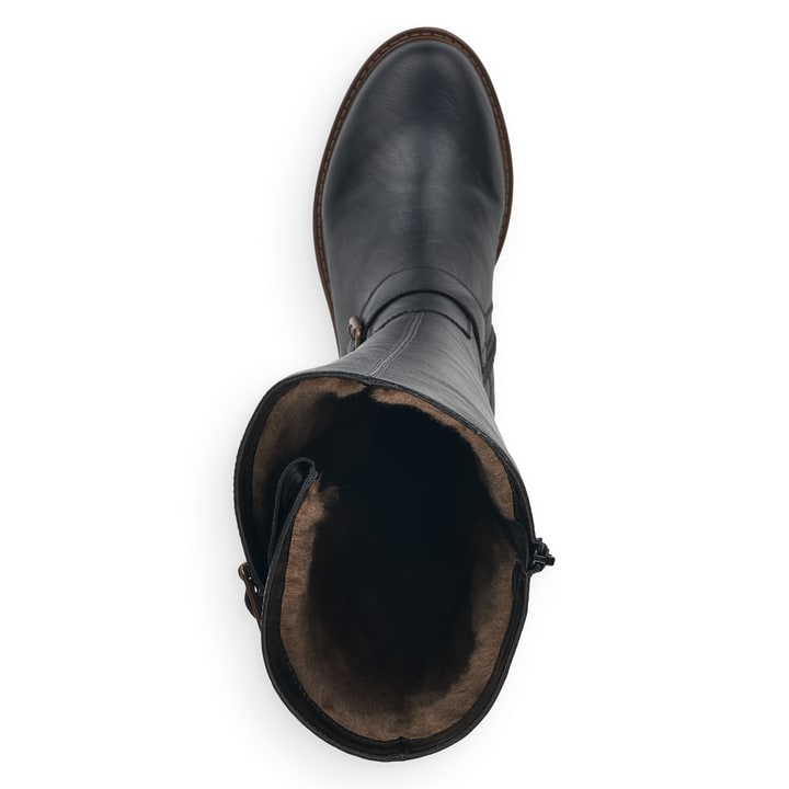 Schwarze remonte Hochschaftstiefel R6590-01 mit einem Reißverschluss. Schuh von oben.