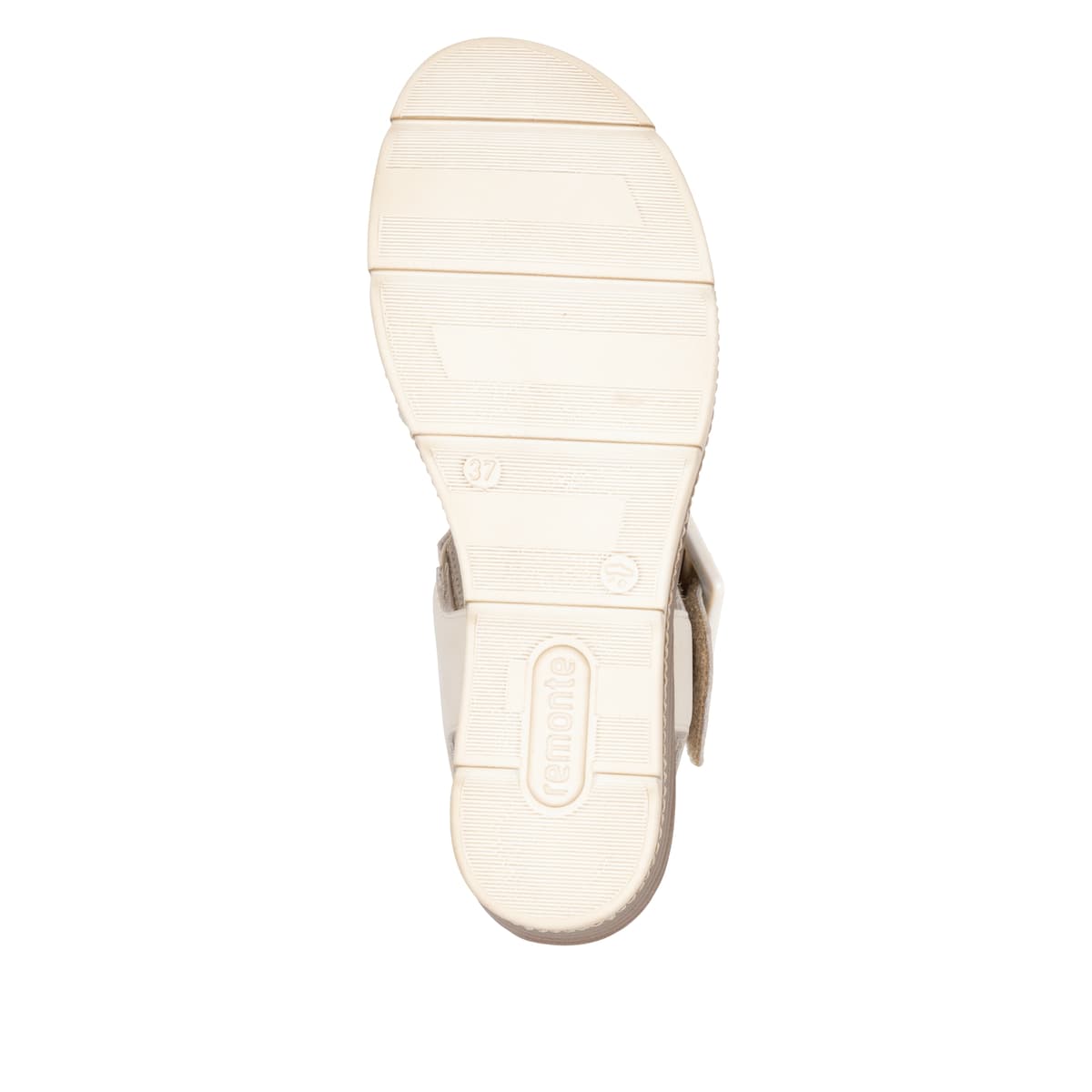 Beige remonte Keilsandaletten D2L53-60 mit einem Klettverschluss. Schuh Laufsohle.