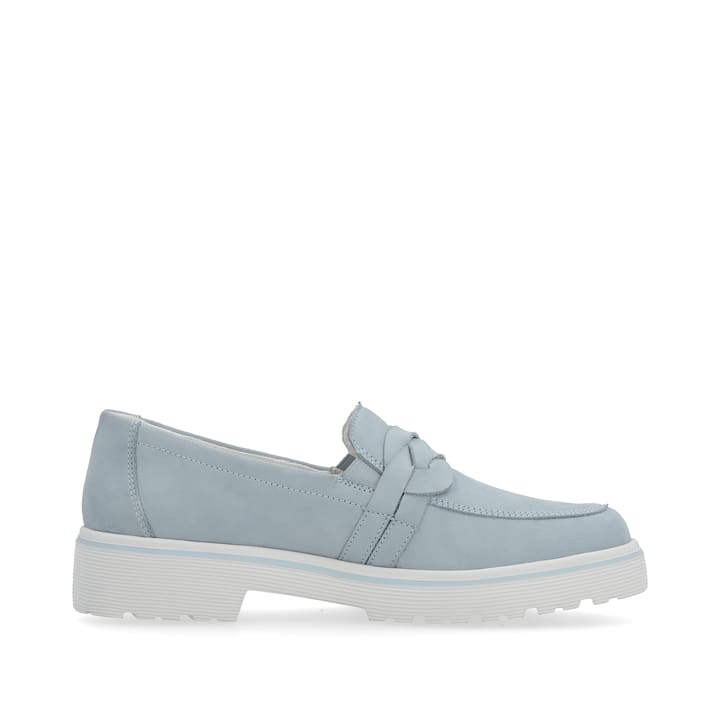 Blaue remonte Damen Loafer D1H01-12 mit Elastikeinsatz sowie geflochtenem Riemen. Schuh Innenseite.
