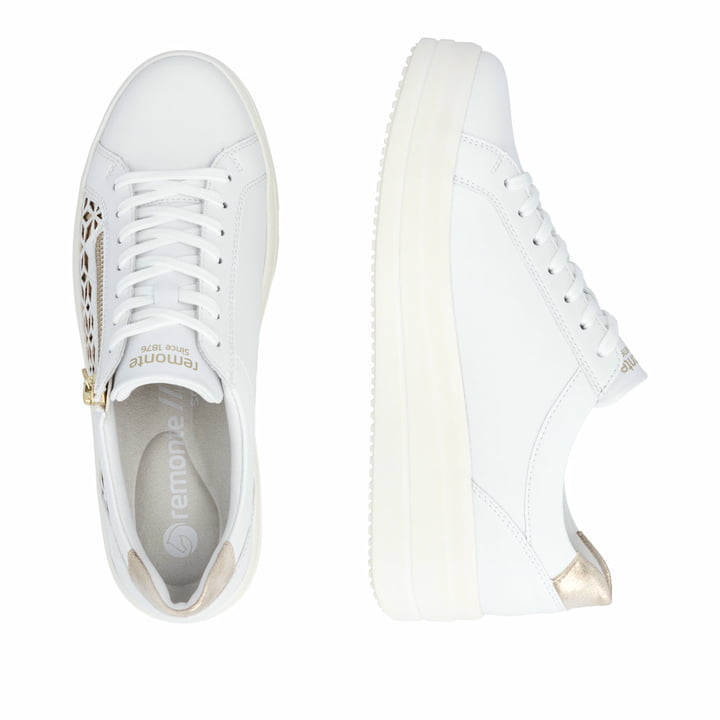 Weiße remonte Damen Sneaker Low D1C11-80 mit Reißverschluss sowie Komfortweite G. Schuh von oben, liegend.