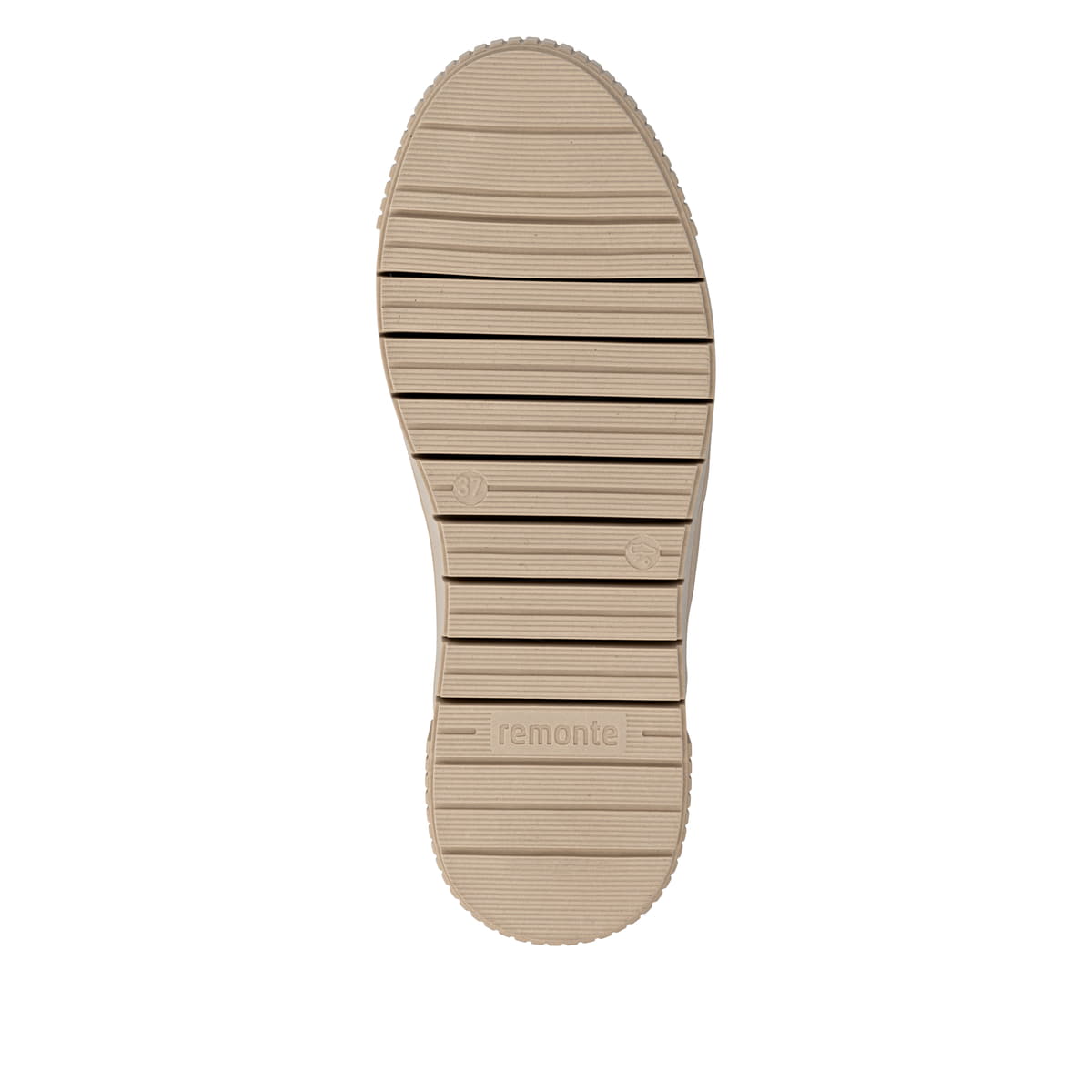 Braunbeige remonte Damen Kurzstiefel D3B70-20 mit weißer Zickzack-Naht. Schuh Laufsohle.