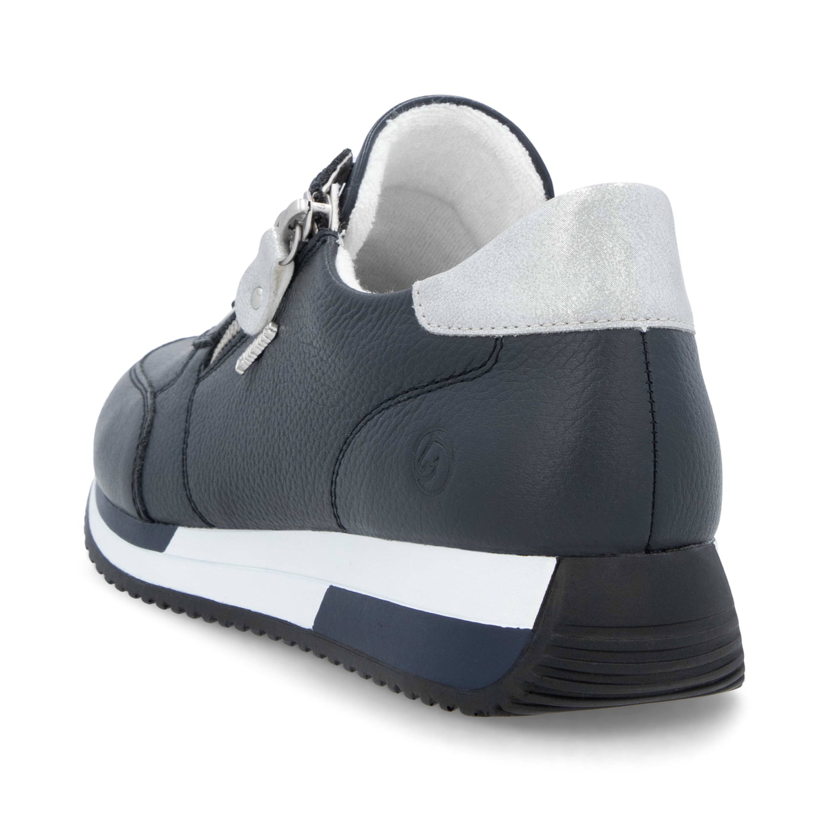 Blaue remonte Damen Sneaker Low D0H11-14 mit einem Reißverschluss. Schuh von hinten.