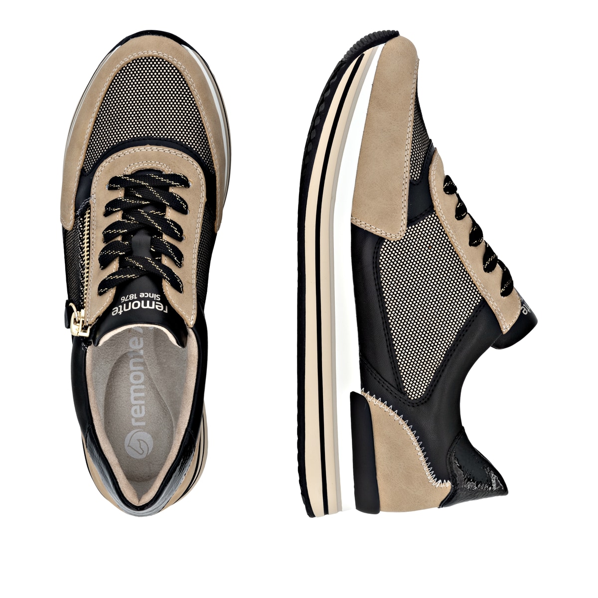 Schwarze remonte Damen Sneaker D1328-04 mit Reißverschluss sowie Komfortweite G. Schuh von oben, liegend.