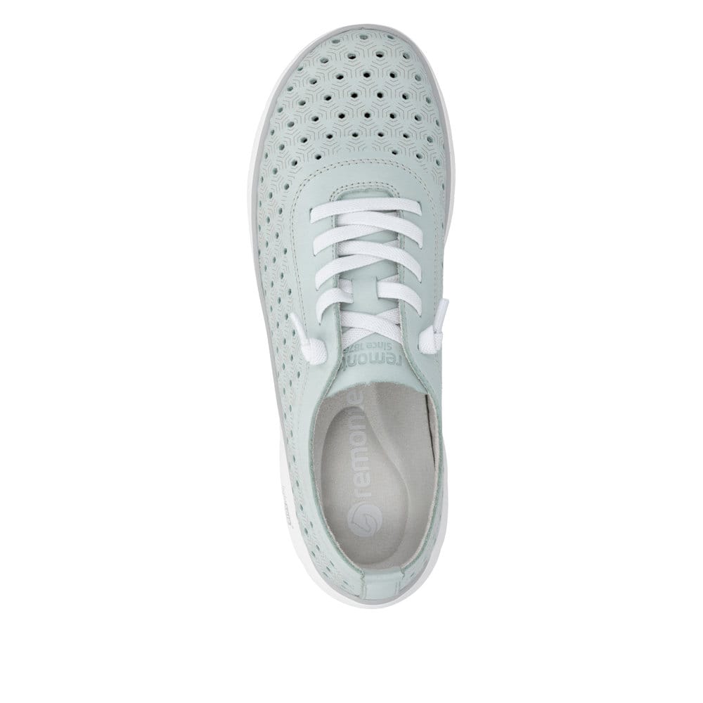 Grüne remonte Damen Slipper D3G03-52 mit eleganten Zierlochungen sowie Gummizug. Schuh von oben.