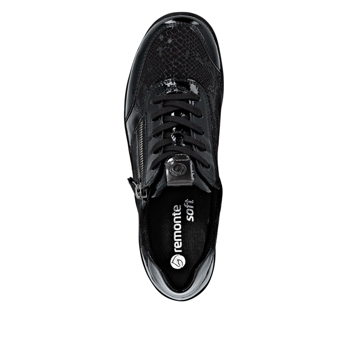 Schwarze remonte Damen Sneaker R7637-04 mit Reißverschluss sowie Extraweite H. Schuh von oben.
