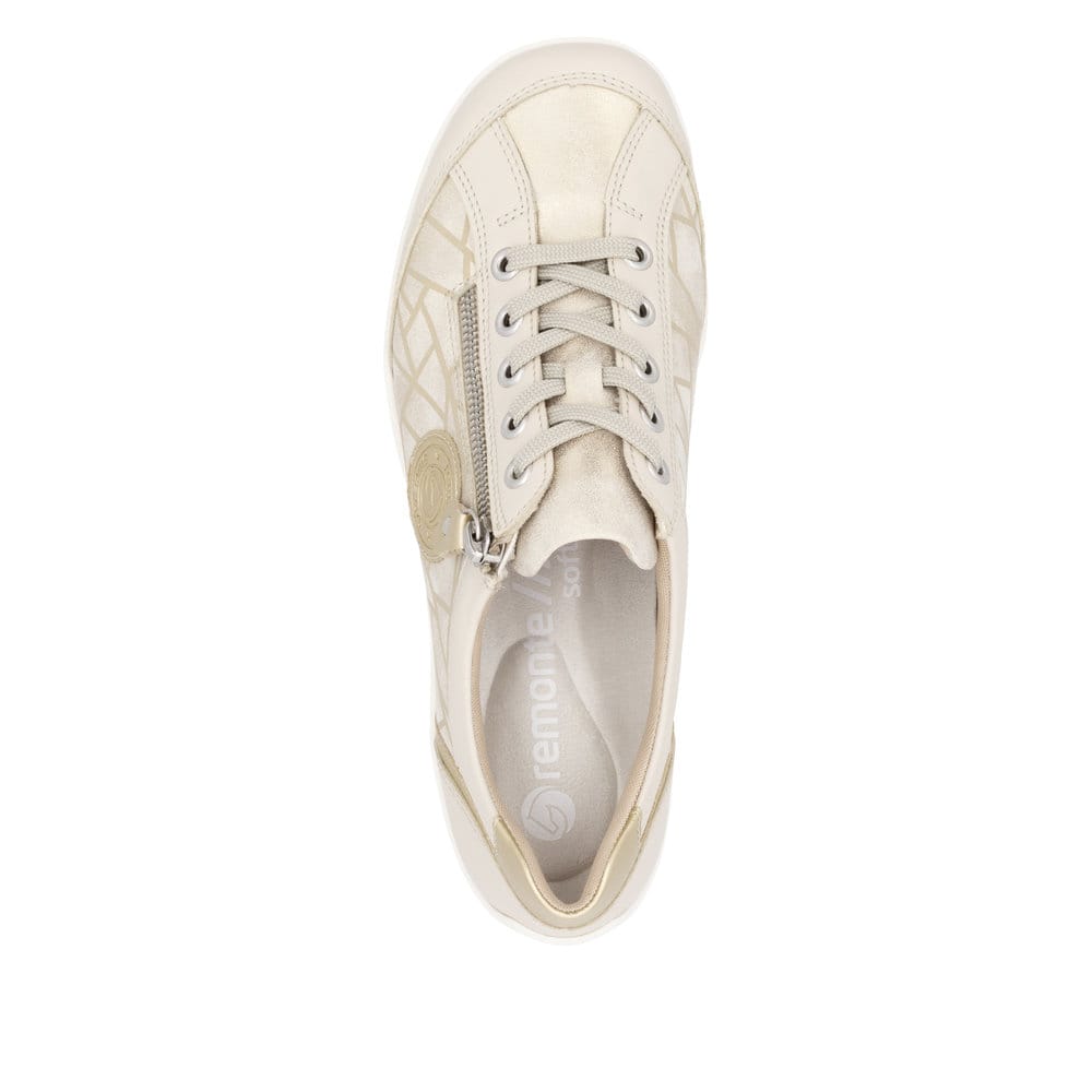 Goldene vegane remonte Damen Schnürschuhe R3408-91 mit einem Reißverschluss. Schuh von oben.